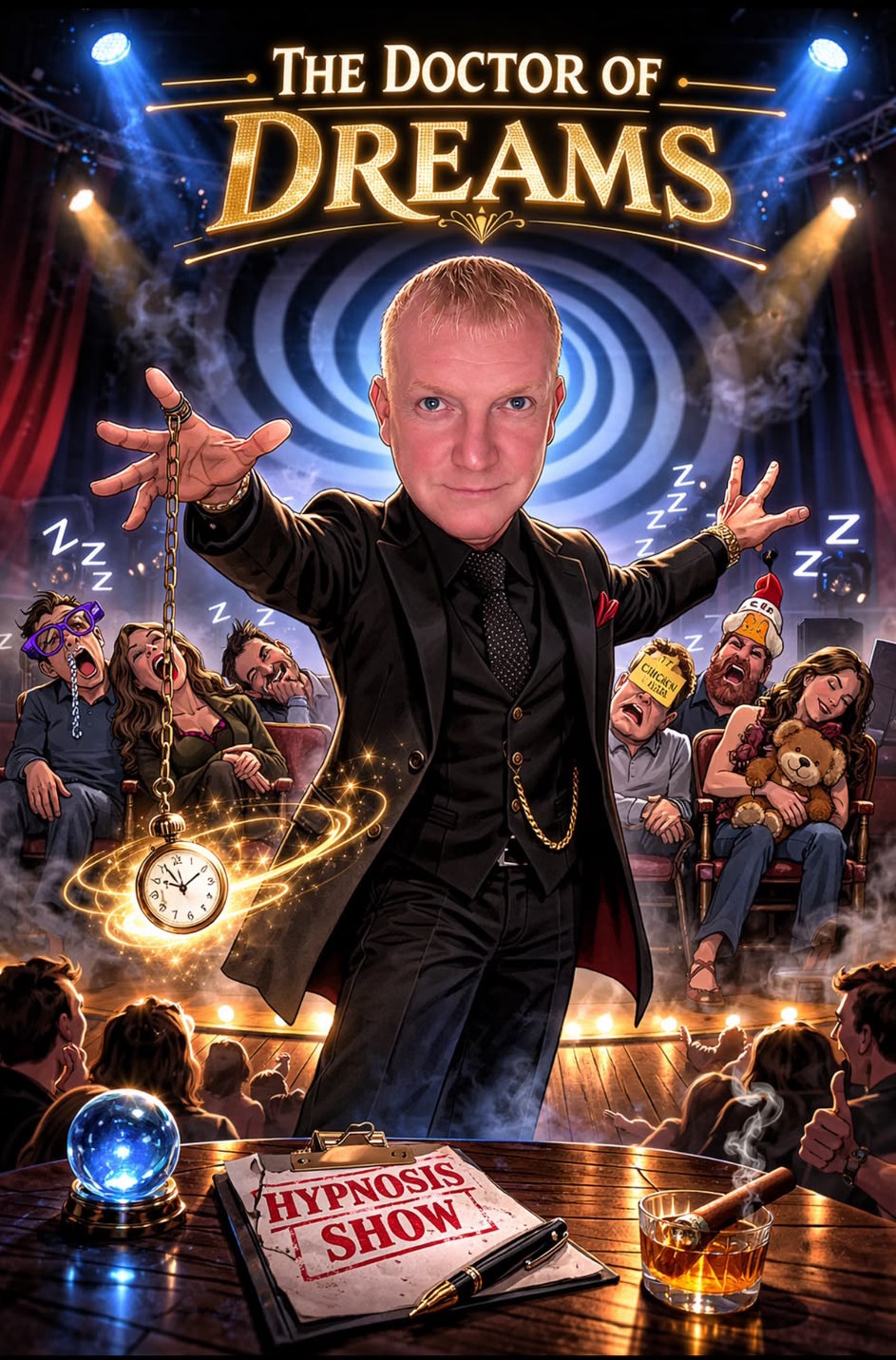 The Doctor of Dreams poster of Chris Lee holding a pocket watch on stage